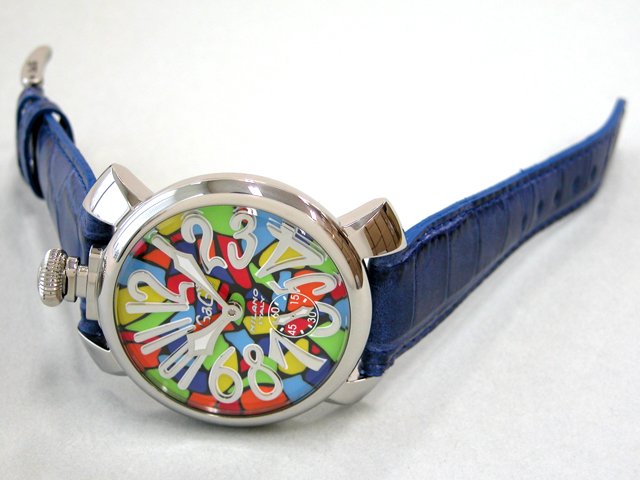 ガガ?ミラノ マニュアル48mm 手巻き 5010 MOSAICO 1 ブルー皮 マルチカラーモザイク/シルバーアラビア